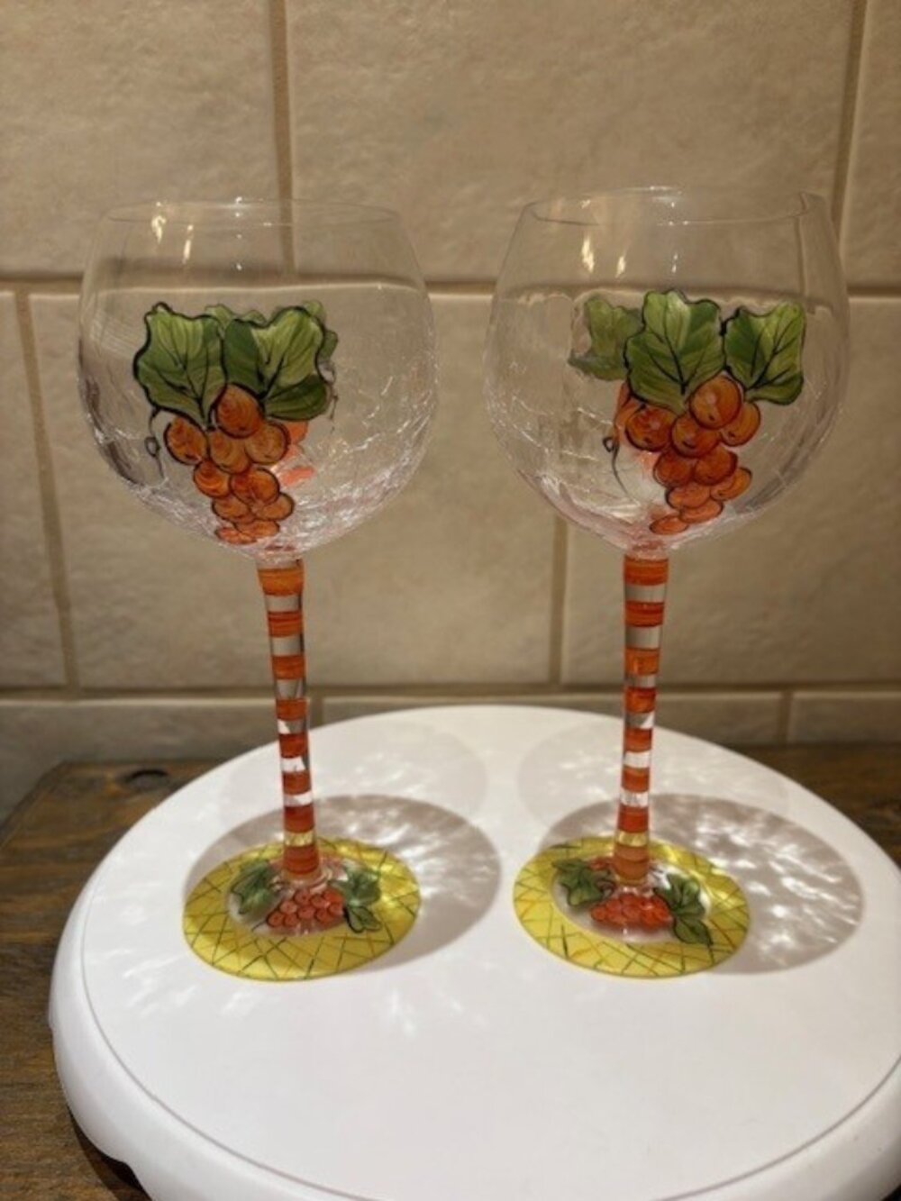 Hand-painted Wine Glasses Orange Grapes Long Stem Glasses Wine set of 2